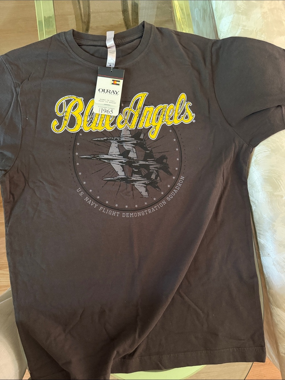 Oura Black Tee with Yellow "Blue Angels" Graphic